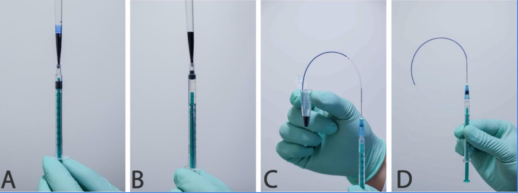 A) Loading large volumes. B) Loading small volumes. C) Loading suspensions and very small volumes. D) Complete assembly with sample, syringe, needle and tubing.